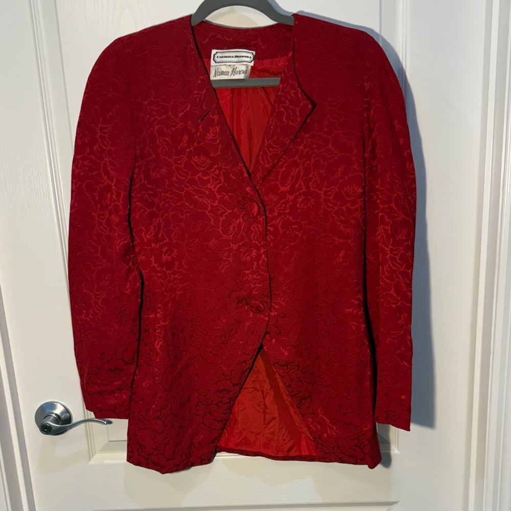 Carolina Herrera Vintage Red Textured Blazer Neiman Marcus Jacquard Size 6 Rare